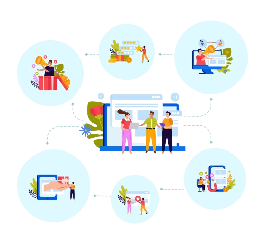 A futuristic digital landscape with interconnected nodes glowing across a decentralized network map, symbolizing Web3. In the center, a vibrant, diverse group of avatars (representing users) is gathered around floating UI elements—quizzes, content cards, email notifications, and chat bubbles—showing community engagement. A beam of light connects them to a central orb labeled “Growth,” illustrating the power of content-driven strategy. The scene has a sleek, tech-forward aesthetic with subtle blockchain symbols in the background